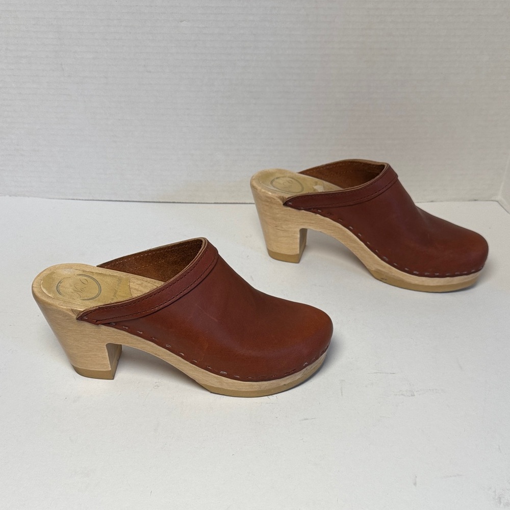 NO.6 STORE Old School Clog on High Heel in Bourbon Leather Wooden 3" Heel Size38 - Picture 3 of 14